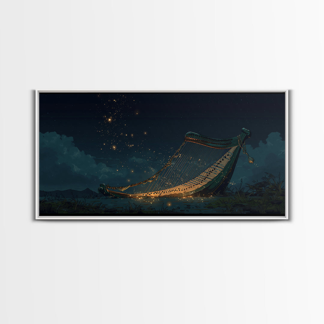 Glowing African Kora Harp Canvas Print, Night Music Wall Decor, Cultural Art Print, Starry Blue Afrocentric Home Decor, Gift For Him
