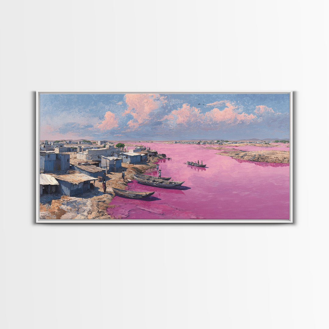 Pink River African Village Wall Art, West African Landscape, Coastal Boat Scene, Serene Travel Decor For Living Room Canvas Gift