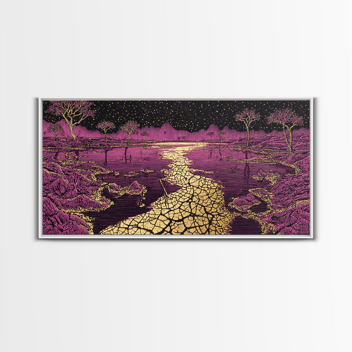 Mystic Purple Savannah Path Wall Art, African Tree Landscape, Starry Night Boho Decor, Spiritual Canvas For Living Room Gift