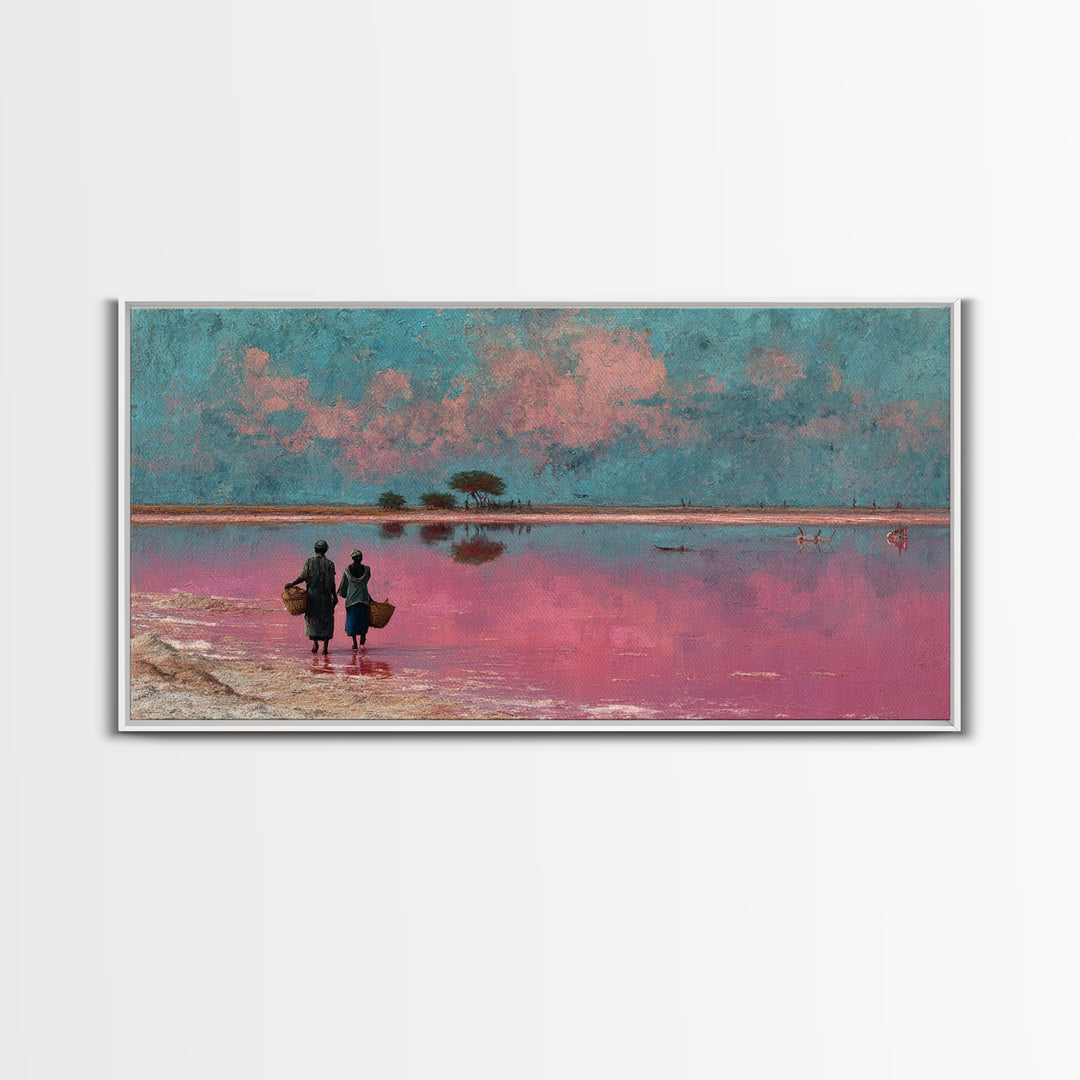 African Women At Pink Lake Wall Art, Pastel Landscape Painting, Motherland Travel Decor, Feminine Canvas For Living Room