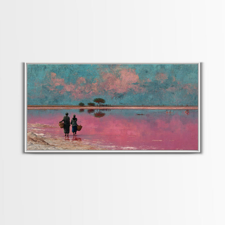African Women At Pink Lake Wall Art, Pastel Landscape Painting, Motherland Travel Decor, Feminine Canvas For Living Room