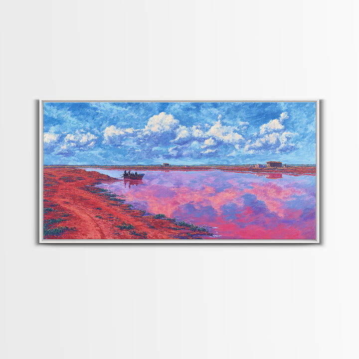Pink Salt Lake Boats Wall Art, African Landscape Painting, Coastal Travel Poster, Blue Sky Canvas Decor, Living Room Gift