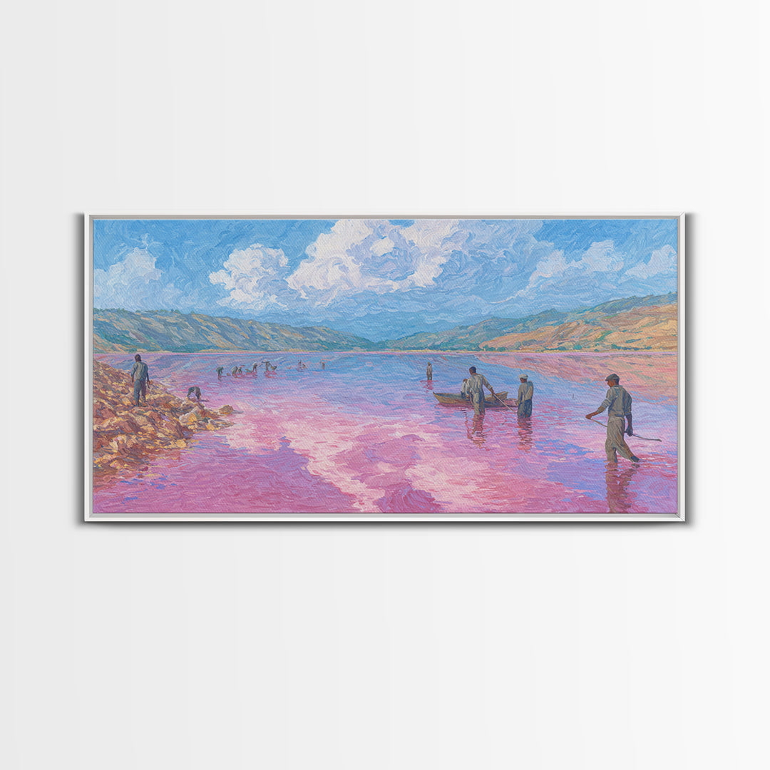 Pastel Salt Lake Workers Canvas Print, African Landscape Wall Decor, Pink Water Painting, Mountain Travel Art Gift, Living Room Decor