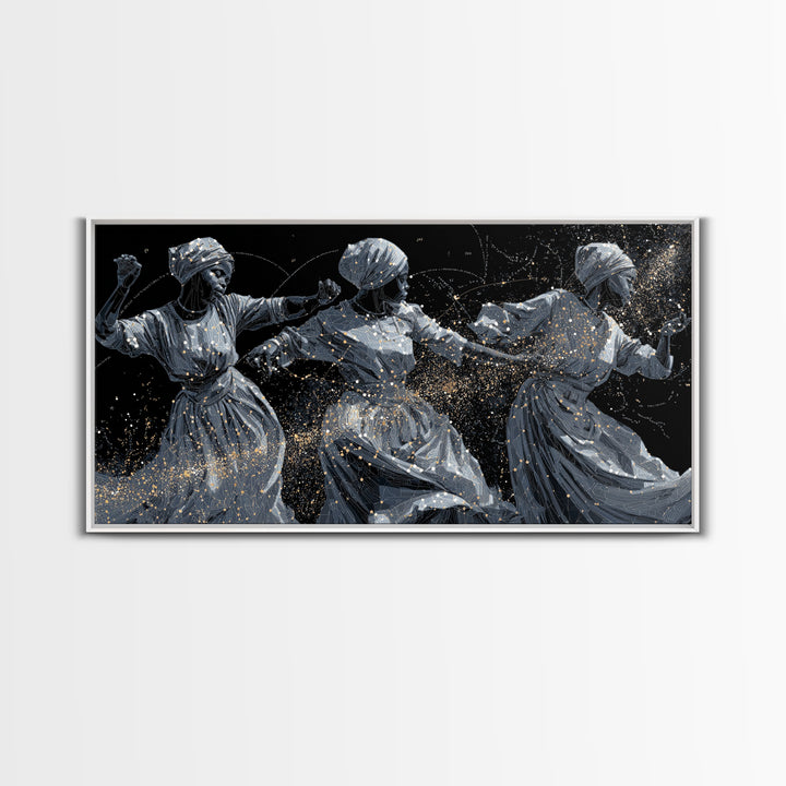Three Dancing African Women Wall Art, Black And Gold Figurative Painting, Afrocentric Home Decor, Cultural Canvas Gift For Her