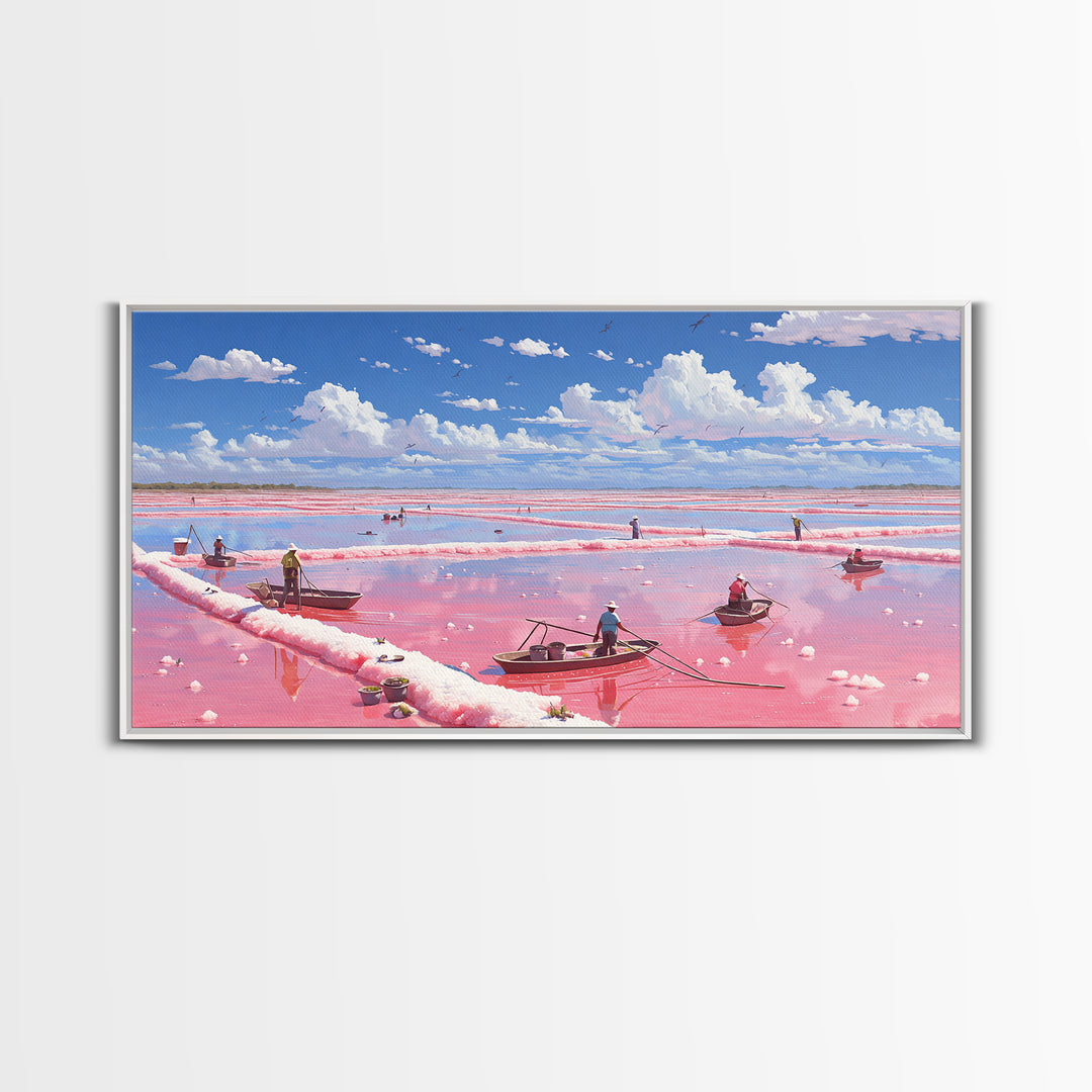 Pink Salt Flats With Boats Wall Art, African Coastal Landscape, Flamingo Lake Painting, Large Canvas Decor, Travel Home Gift