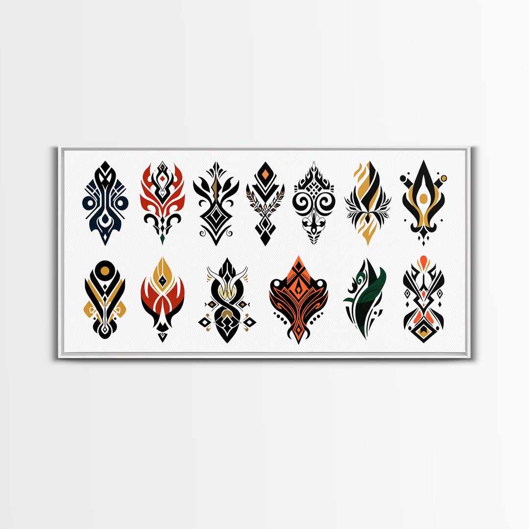Colorful African Tribal Symbols Canvas Print, Ankara Pattern Wall Art, Ethnic Motif Poster, Modern Afrocentric Decor Gift