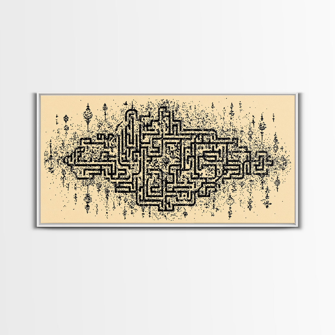 Ancient Maze Pattern Wall Art, Abstract African Textile Inspired Print, Beige Black Geometric Decor, Cultural Canvas Gift