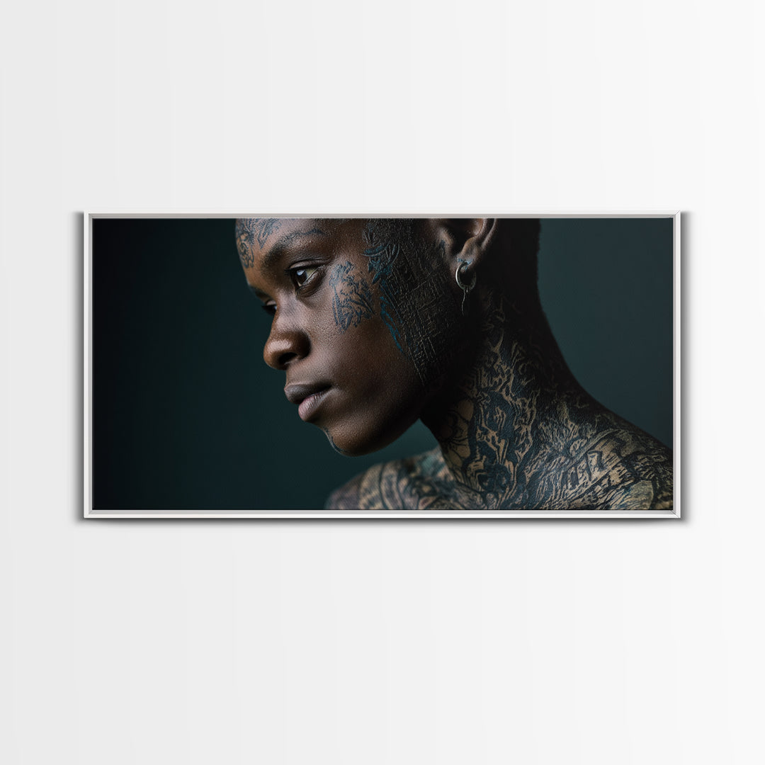 Tattooed Black Woman Portrait Framed Canvas Print, African Beauty Wall Art, Dramatic Profile Photography, Melanin Decor Gift