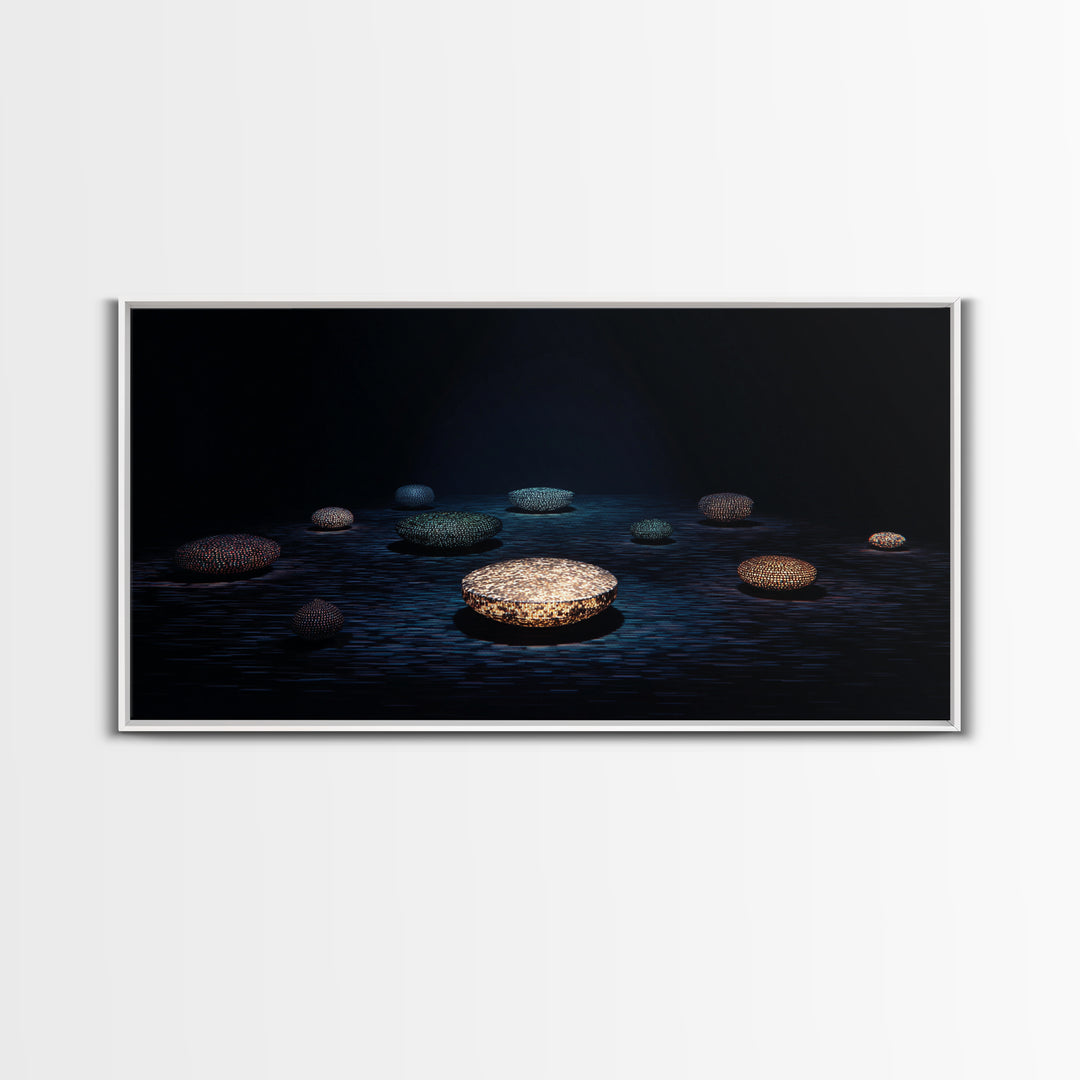 Glowing Beaded Bowls Wall Art, Abstract African Night Water Scene, Luxury Dark Canvas Decor, Modern Gallery Gift For Living Room