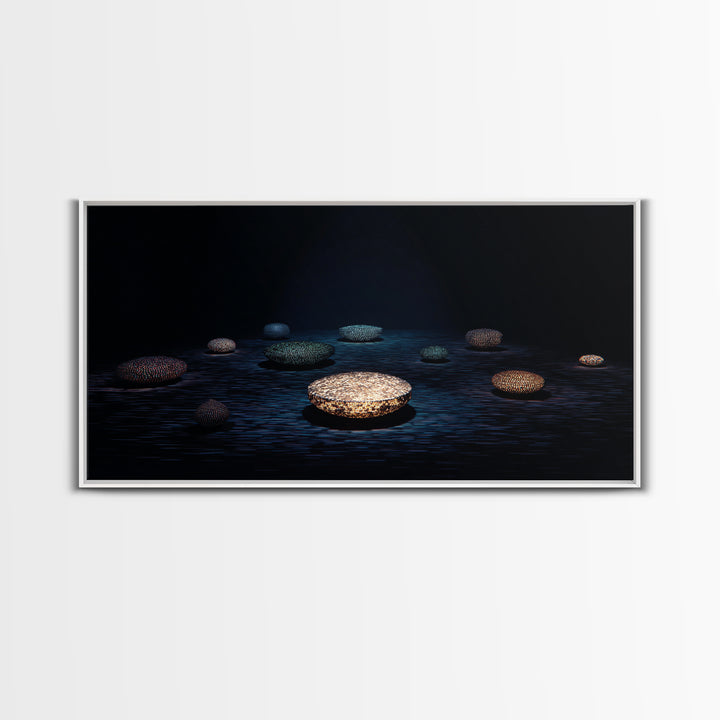 Glowing Beaded Bowls Wall Art, Abstract African Night Water Scene, Luxury Dark Canvas Decor, Modern Gallery Gift For Living Room