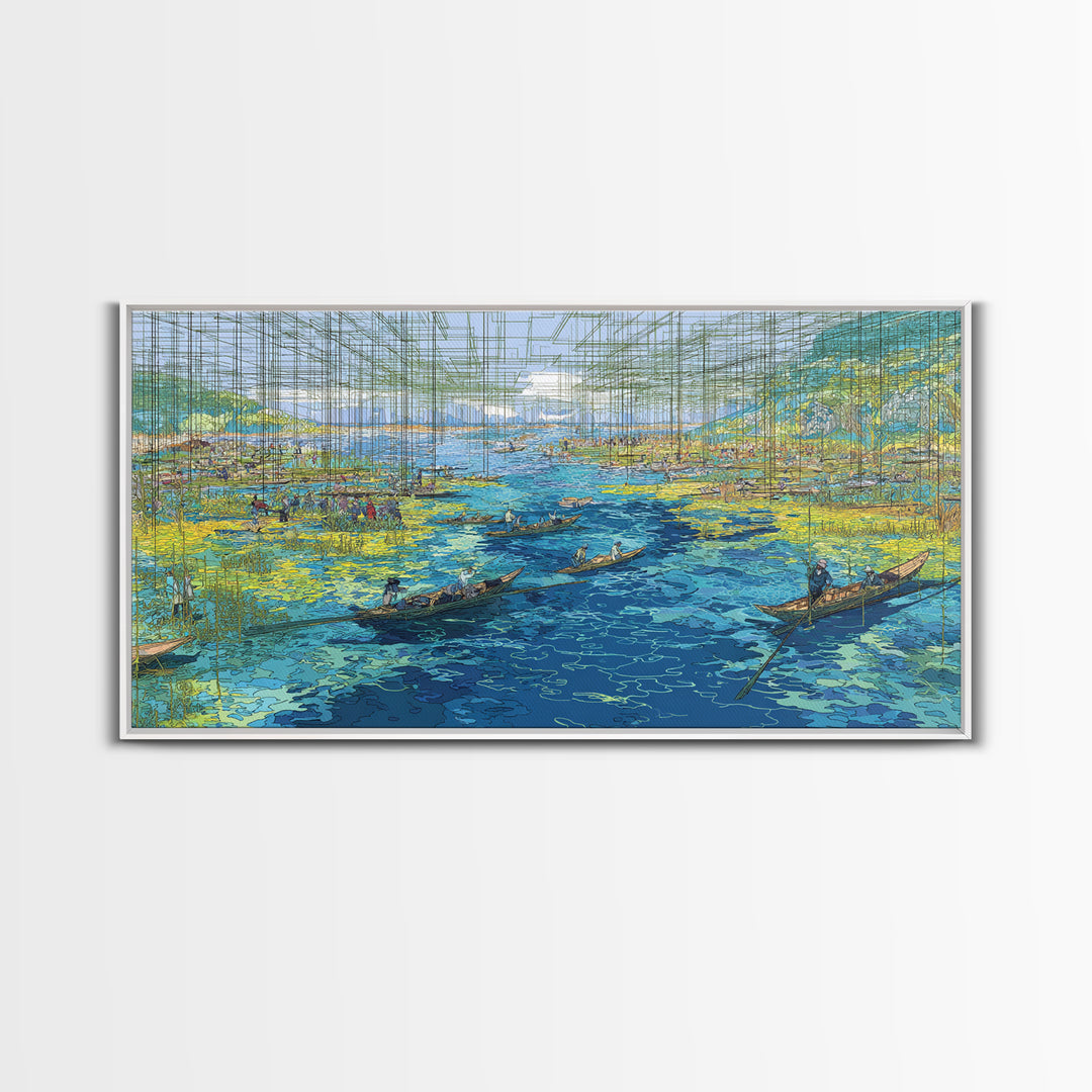 Abstract Blue Wetlands With Boats Canvas Print, Modern African Art, Coastal Landscape, Teal Wall Decor, Large Living Room Art
