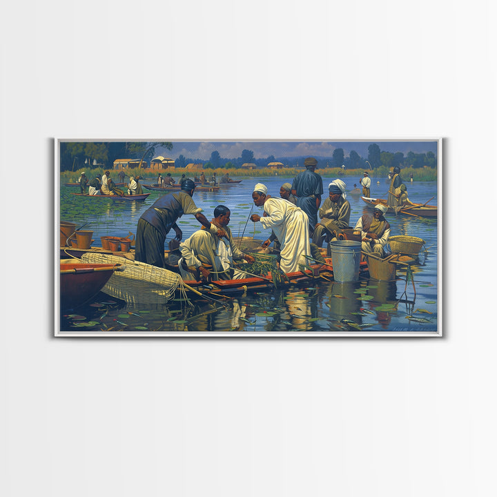 African Floating Market Fishermen On Lake Canvas Print, Traditional African Painting, Cultural Wall Decor, Village Home Decor
