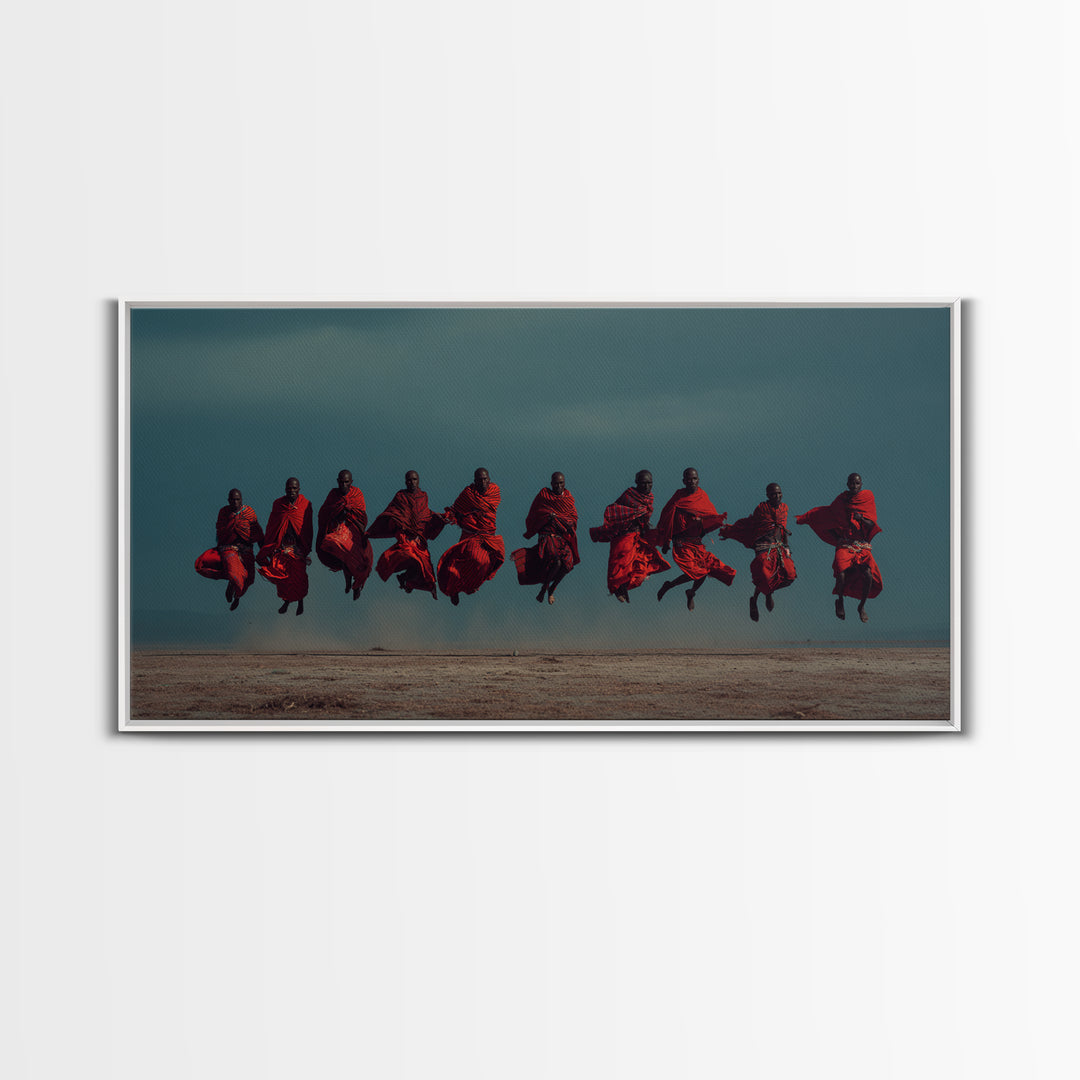 Leaping Maasai Warriors Under Storm Sky Canvas Print, African Warrior Art, Tribal Wall Decor, Red Safari Statement Piece