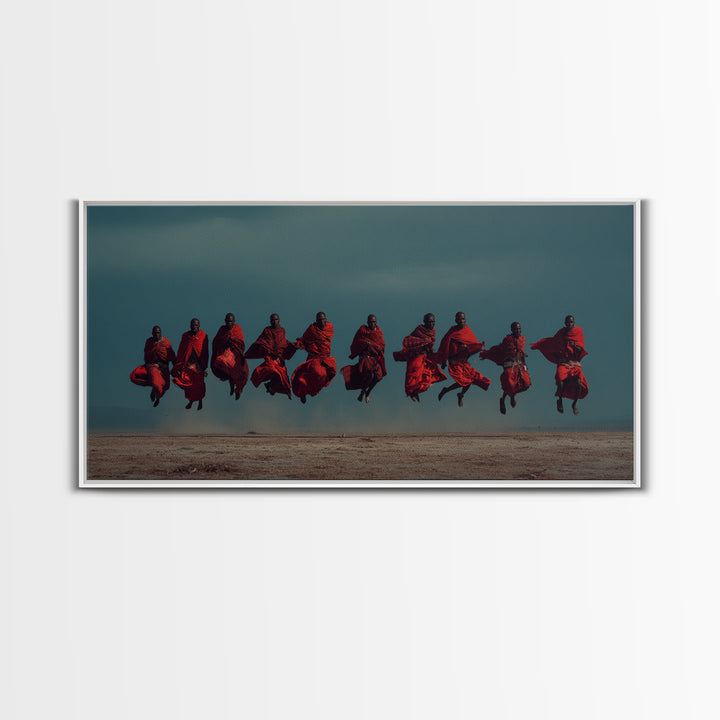Leaping Maasai Warriors Under Storm Sky Canvas Print, African Warrior Art, Tribal Wall Decor, Red Safari Statement Piece