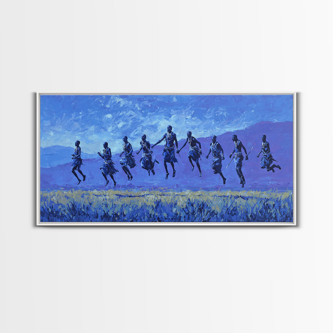 Blue Savanna Jumping Figures Wall Art, African Landscape, Modern African Art, Safari Art, Living Room Decor Canvas Print