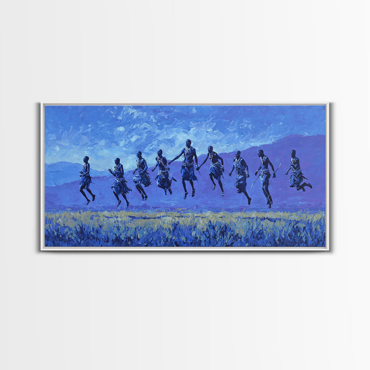 Blue Savanna Jumping Figures Wall Art, African Landscape, Modern African Art, Safari Art, Living Room Decor Canvas Print