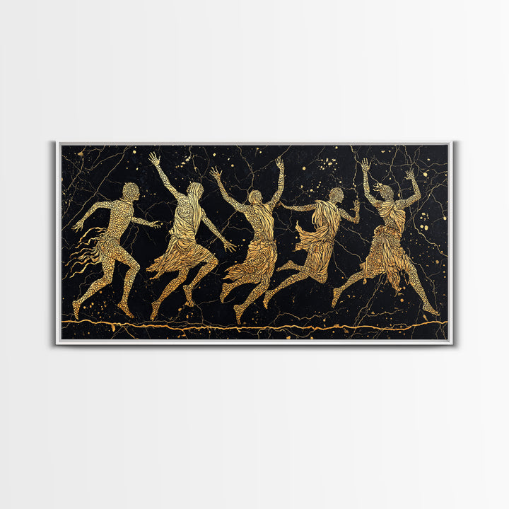 Gold Tribal Dancers On Black Framed Canvas Print, African Tribal Art, Black And Gold Art, Afrocentric Wall Art Decor Gift