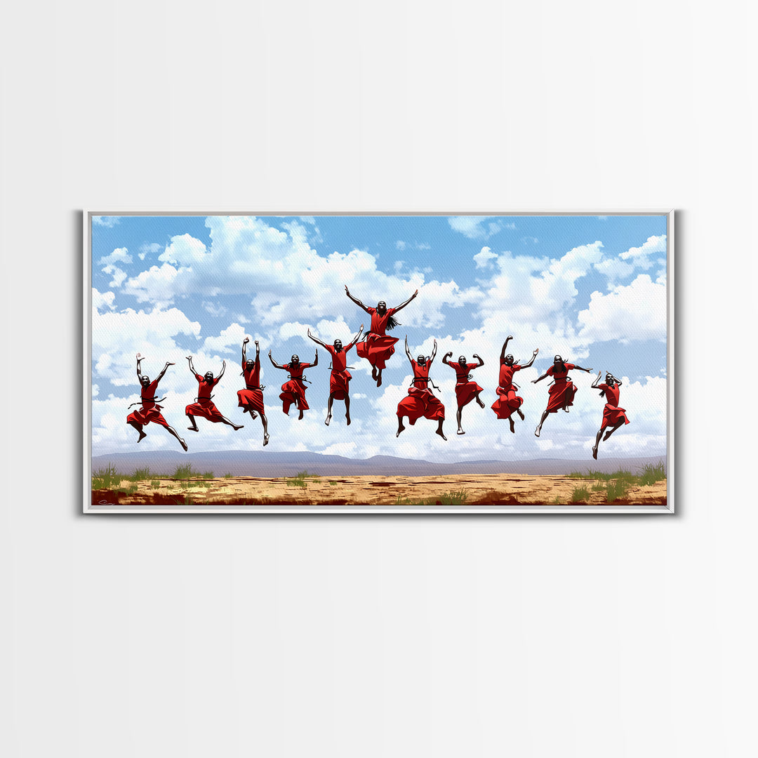 Joyful Red Dancers Under Clouds Canvas Print, African Celebration, African Women Art, Safari Decor, Colorful Wall Art Gift