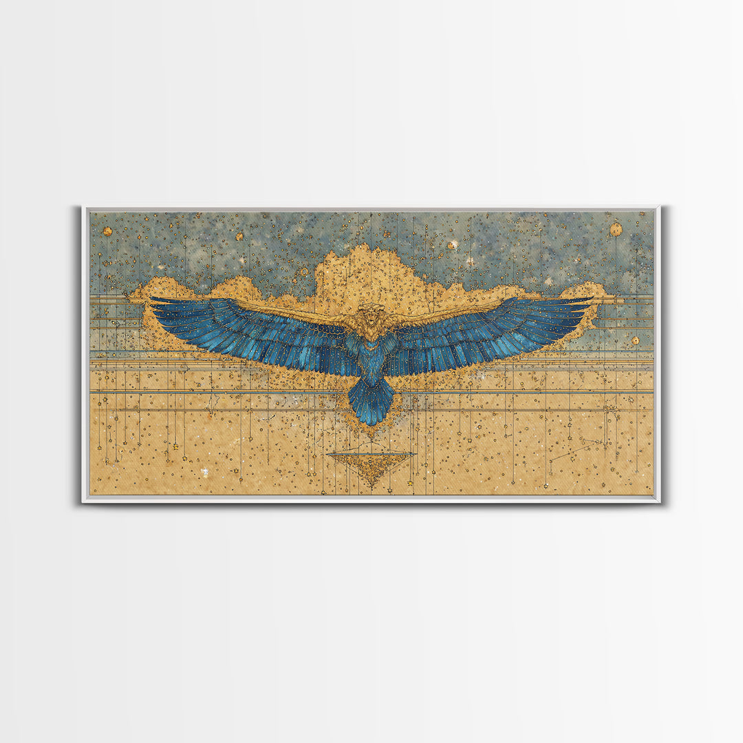 Blue Gold Winged Scarab Wall Art, African Egyptian Art, Ancient African Art, Spiritual Wall Decor, Luxury Canvas Print Gift