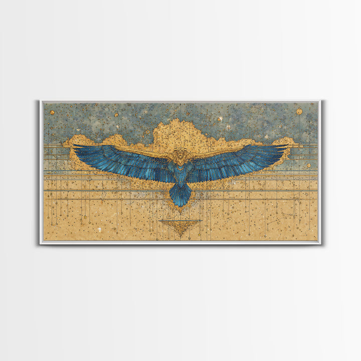 Blue Gold Winged Scarab Wall Art, African Egyptian Art, Ancient African Art, Spiritual Wall Decor, Luxury Canvas Print Gift