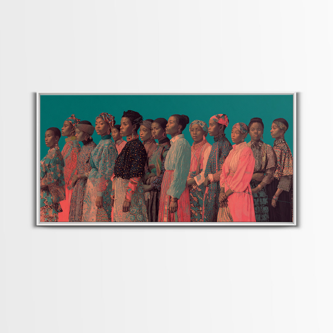 Portrait Line Of African Women In Ankara Dresses, Framed Canvas Print, Black Woman Art, Afrocentric Wall Decor Gift For Her