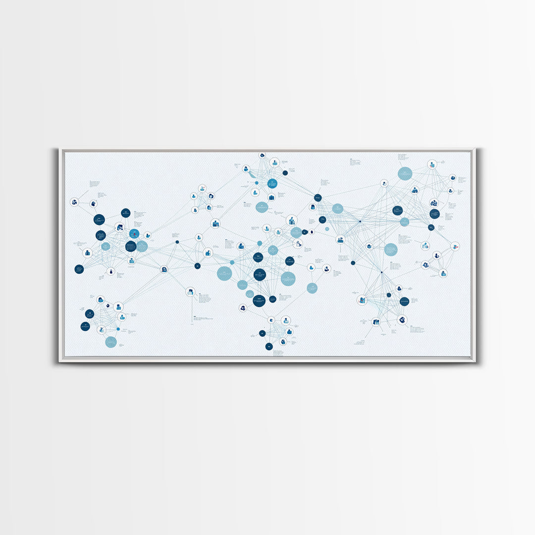 Blue Global Data Network Map Canvas Print, Abstract Wall Art, Modern Office Decor, Minimalist Technology Home Decor Gift