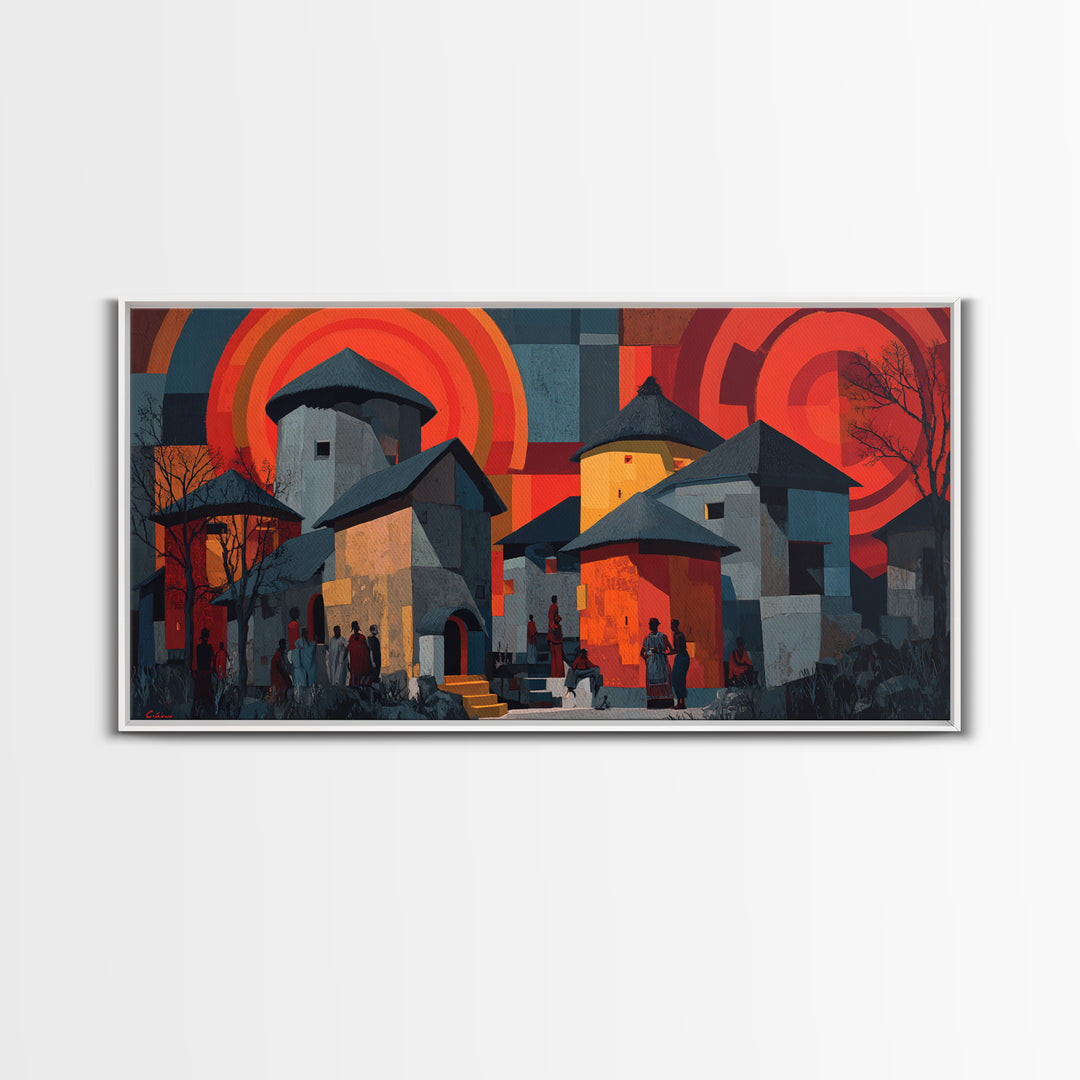 Red Sunset African Village Houses Wall Art, Modern African Art, Cultural Home Decor, Bold Geometric Canvas Print Gift For Him