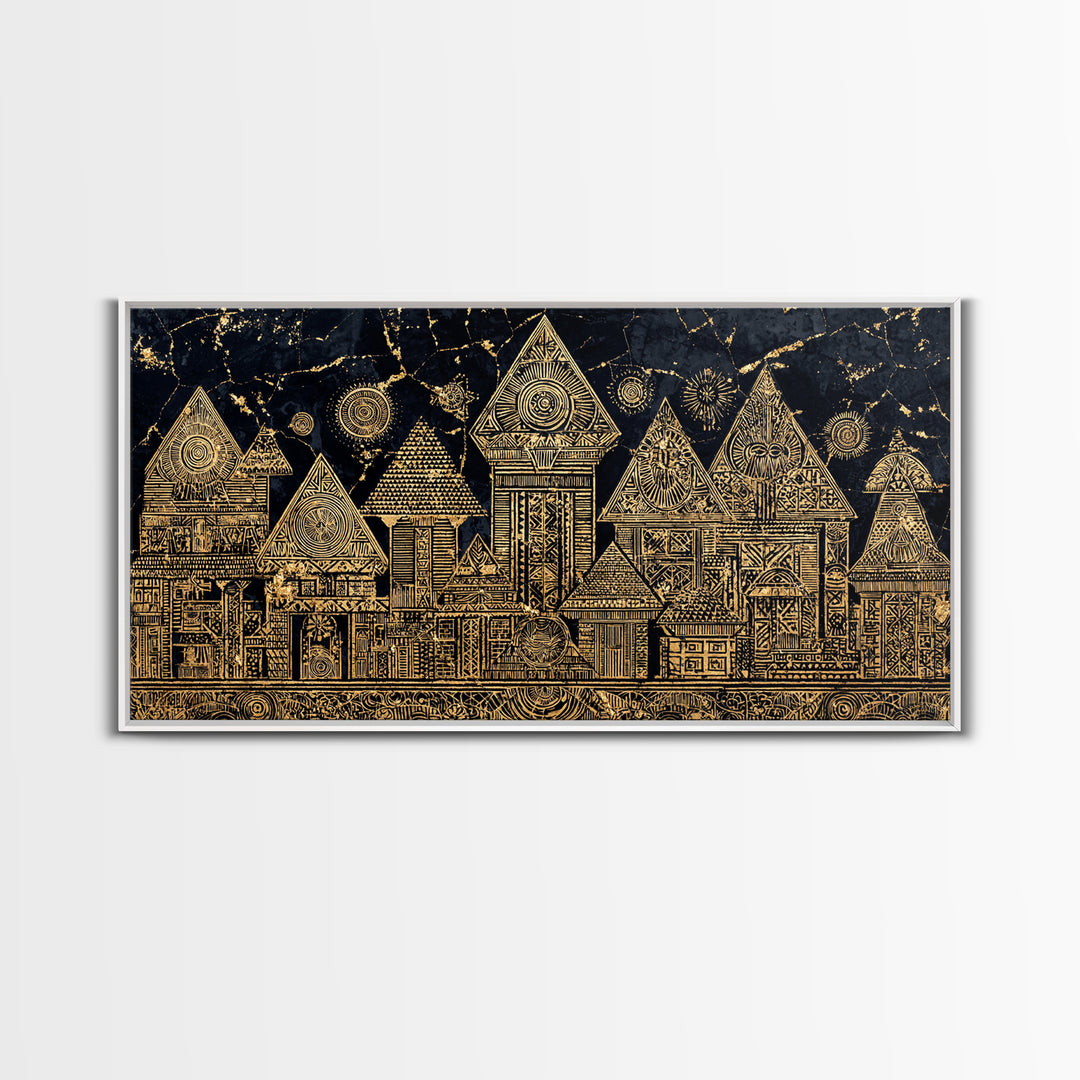 Gold Tribal Village Houses On Black Wall Art, African Tribal Art, Ancient African Art Print, Luxury Cultural Home Decor Gift