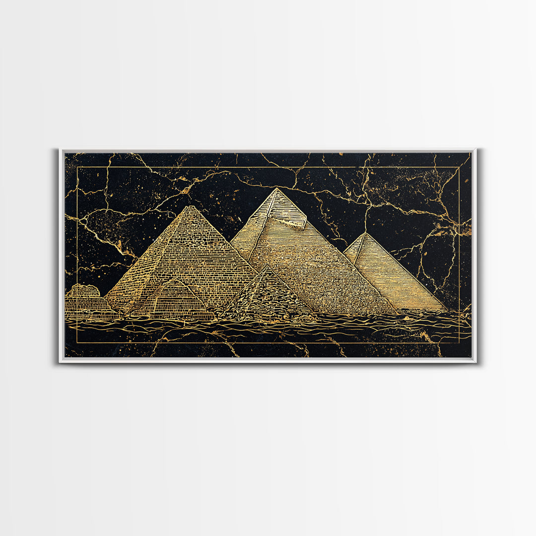 Golden Line Egyptian Pyramids Wall Art, Black Gold Canvas Print, Ancient African Artwork, Luxury Cultural Home Decor Gift