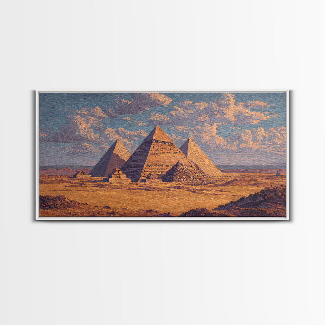 Sunlit Giza Pyramids Desert Wall Art, Egyptian Landscape Canvas Print, Ancient African Art, Warm Earth Tone Decor For Living Room