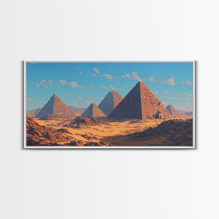 Blue Sky Giza Pyramids Wall Art, Egyptian Desert Landscape Canvas Print, Ancient African Art, Warm Cultural Decor Gift For Her