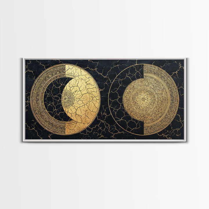 Gold Celestial Moon Phases On Cracked Black Wall Art, Abstract Art, Spiritual Wall Art, Modern Canvas Art, Home Decor Gift