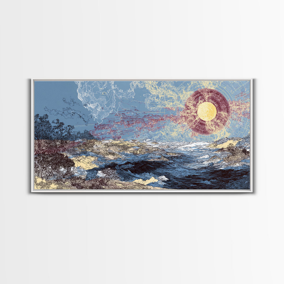 Radiant Sun Over Abstract Ocean Landscape Canvas Print, Blue Wall Art, Modern Art, Nature Scene Art, Coastal Home Decor Gift