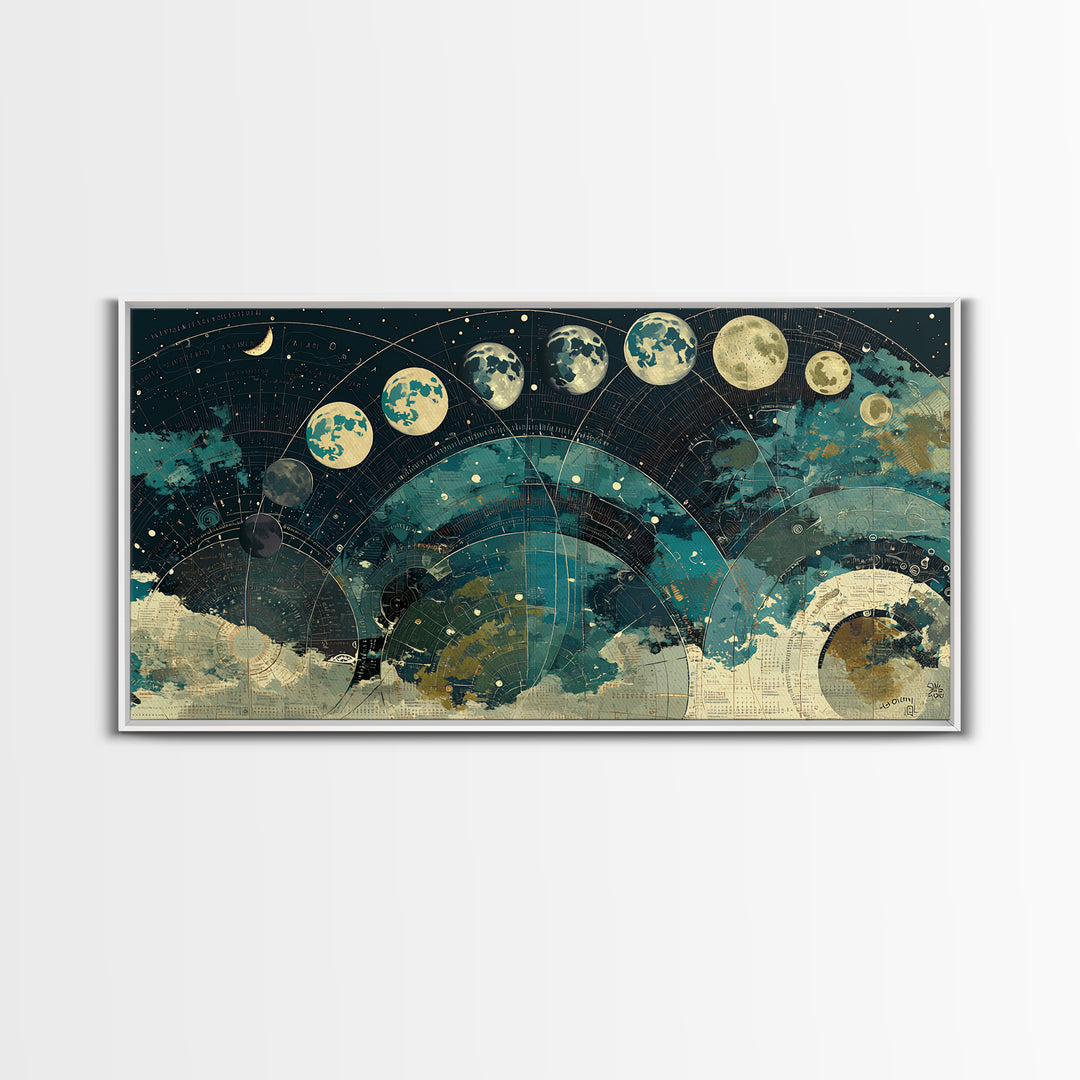Teal Moon Phase Night Sky Celestial Wall Art, Spiritual Wall Art, Mystical Wall Art, Abstract Canvas Art, Bedroom Decor Gift