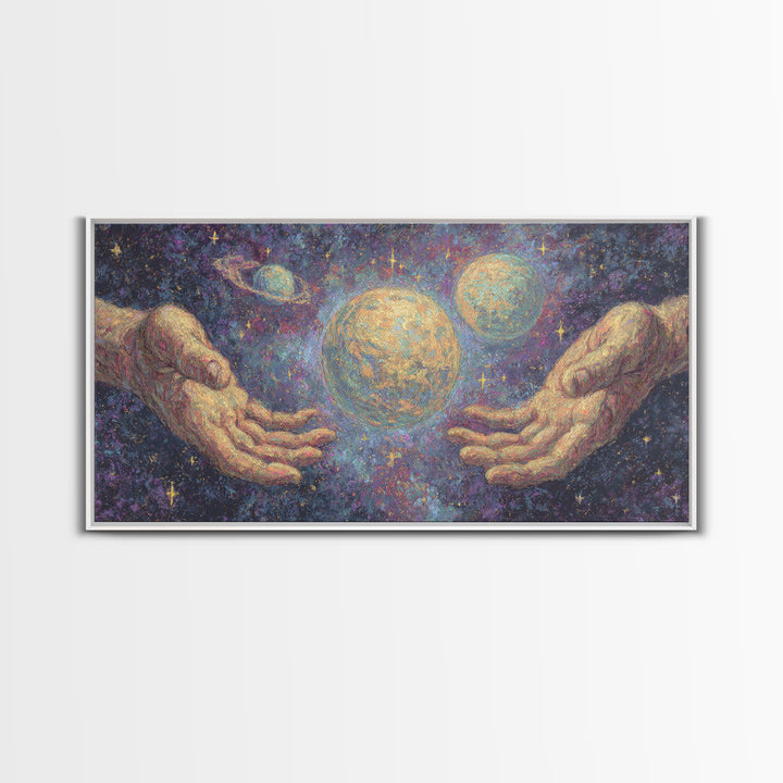 Mystical Hands Holding Planets Cosmic Wall Art, Spiritual Wall Art, Abstract Art, Dreamy Wall Art, Unique Canvas Print Home Decor