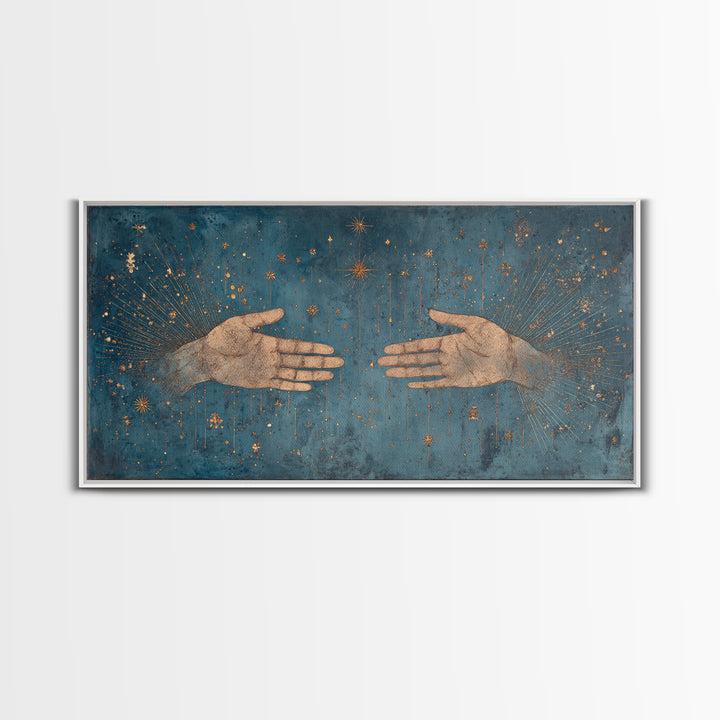 Two Open Hands With Golden Stars Teal Wall Art, Spiritual Wall Art, Mystical Wall Art, Feminine Wall Art, Unique Home Decor