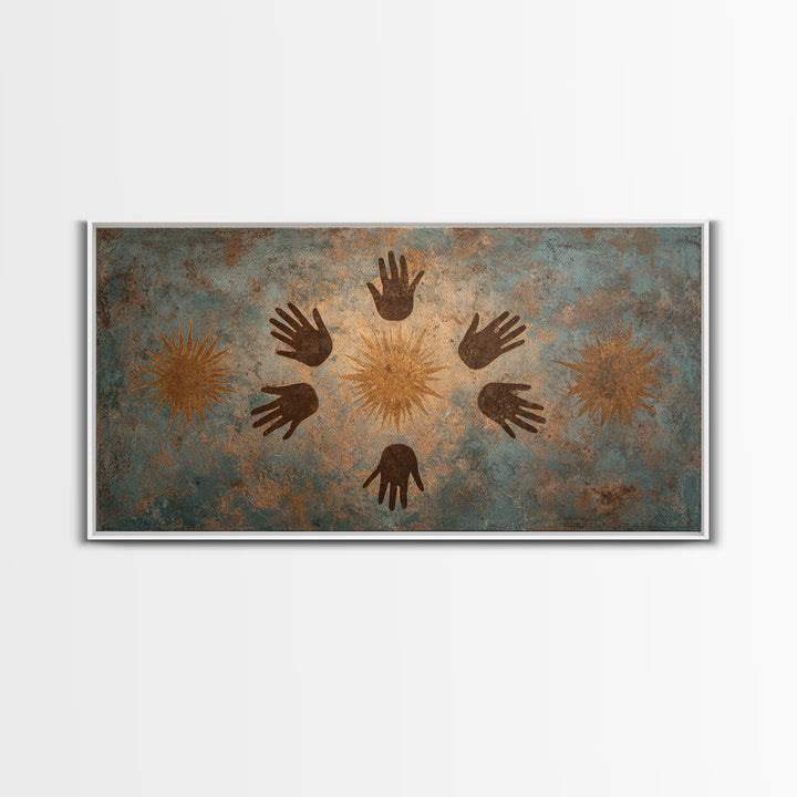 Ancient Handprint Symbols Wall Art, Tribal Abstract Painting, Earth Tone Spiritual Decor, Rustic Cultural Home Decor Gift