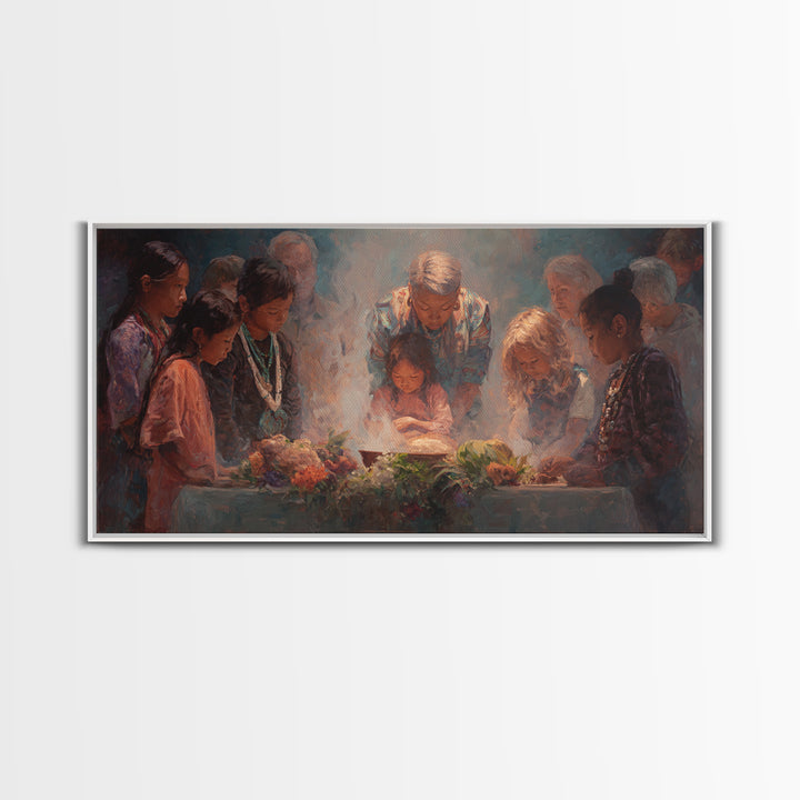 Children Around Harvest Table Canvas Print, Multicultural Family Prayer, Warm Kitchen Decor, Meaningful Housewarming Gift
