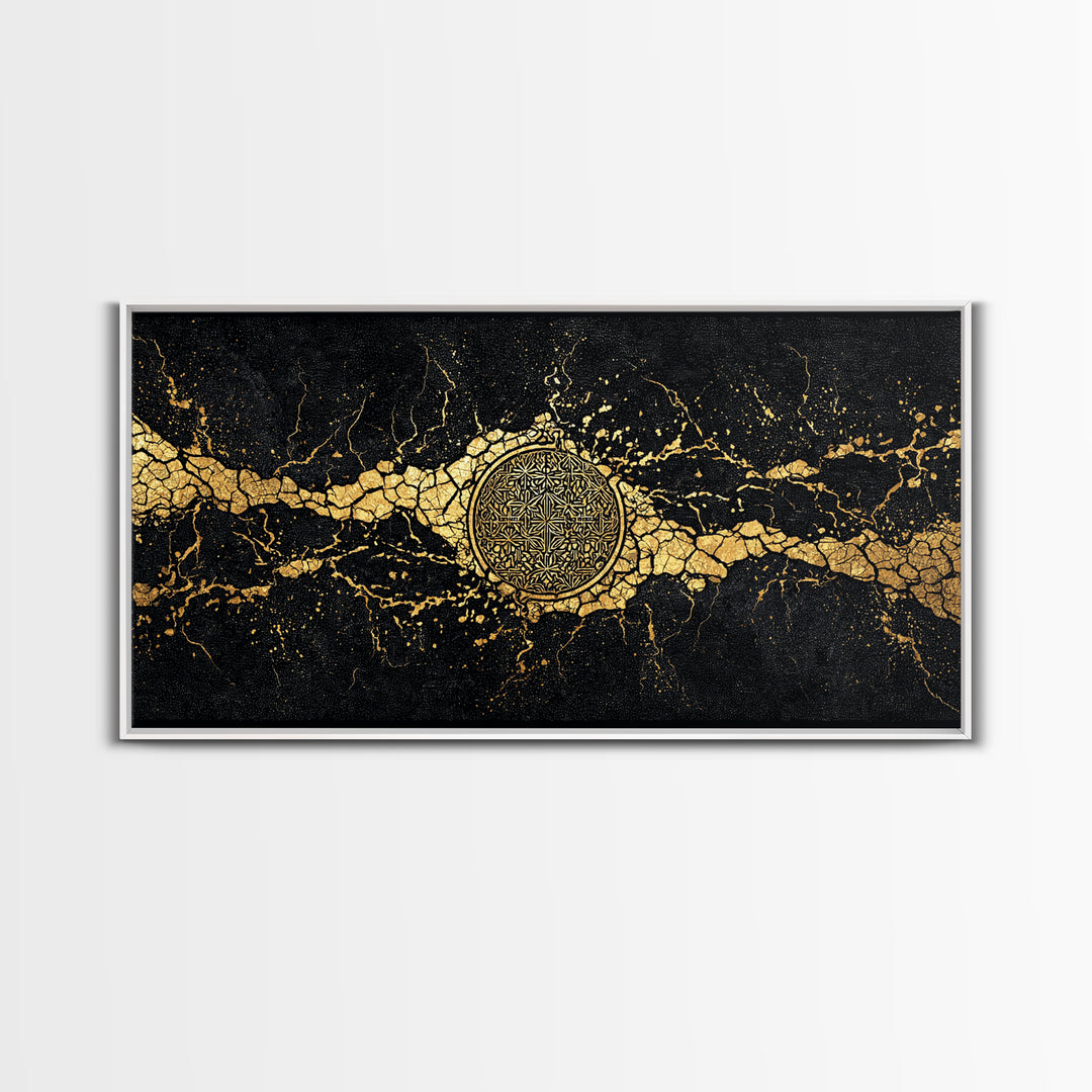 Black And Gold Medallion Canvas Print, Luxury Abstract Wall Decor, Cracked Marble Texture, Elegant Statement Home Decor Gift
