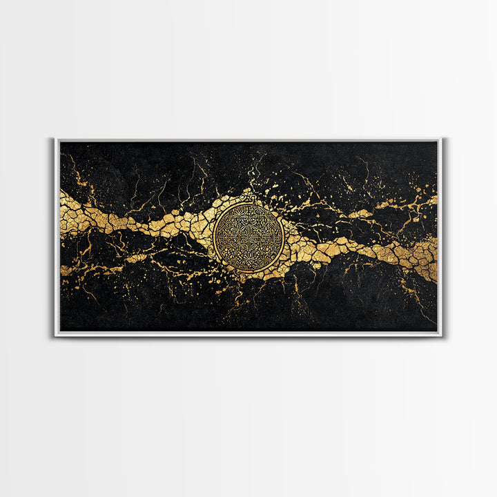 Black And Gold Medallion Canvas Print, Luxury Abstract Wall Decor, Cracked Marble Texture, Elegant Statement Home Decor Gift