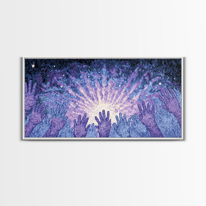 Hands Reaching Toward Light Wall Art, Mystical Spiritual Canvas Decor, Blue Purple Starburst, Dreamy Meditation Gift For Home