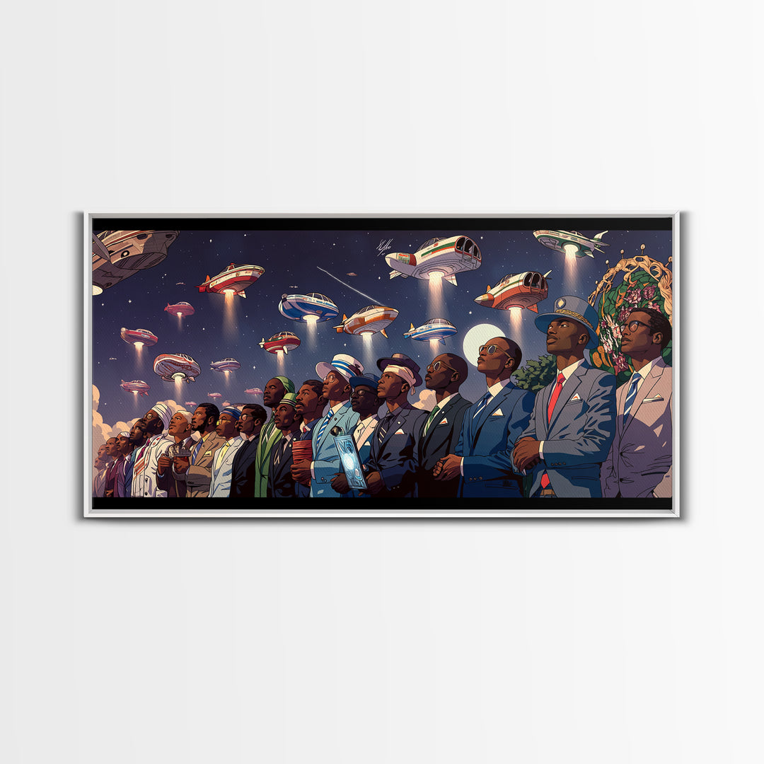 Afrofuturist Skywatchers Canvas Print, Black Men In Suits With Ufo Ships, Modern Afro Wall Decor, Unique Sci Fi Statement Home Decor Gift