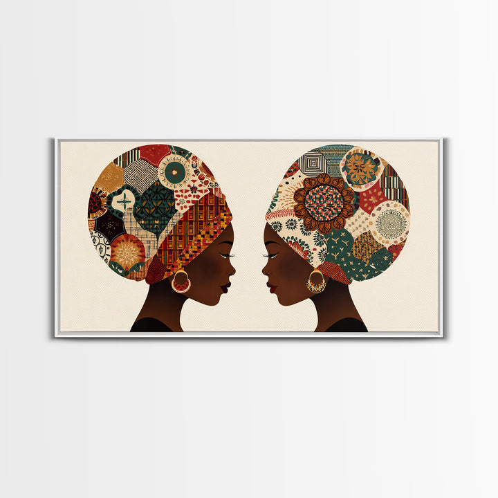 Twin African Women In Ankara Headwraps Canvas Print, Black Woman Wall Art, Afrocentric Decor, Elegant Cultural Home Decor