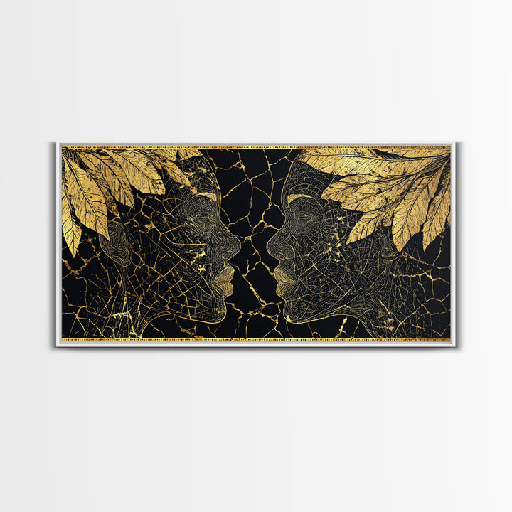 Gold Leaf African Profile Faces Wall Art, Black Gold Abstract Portrait, Afrocentric Canvas Print, Elegant Cultural Decor