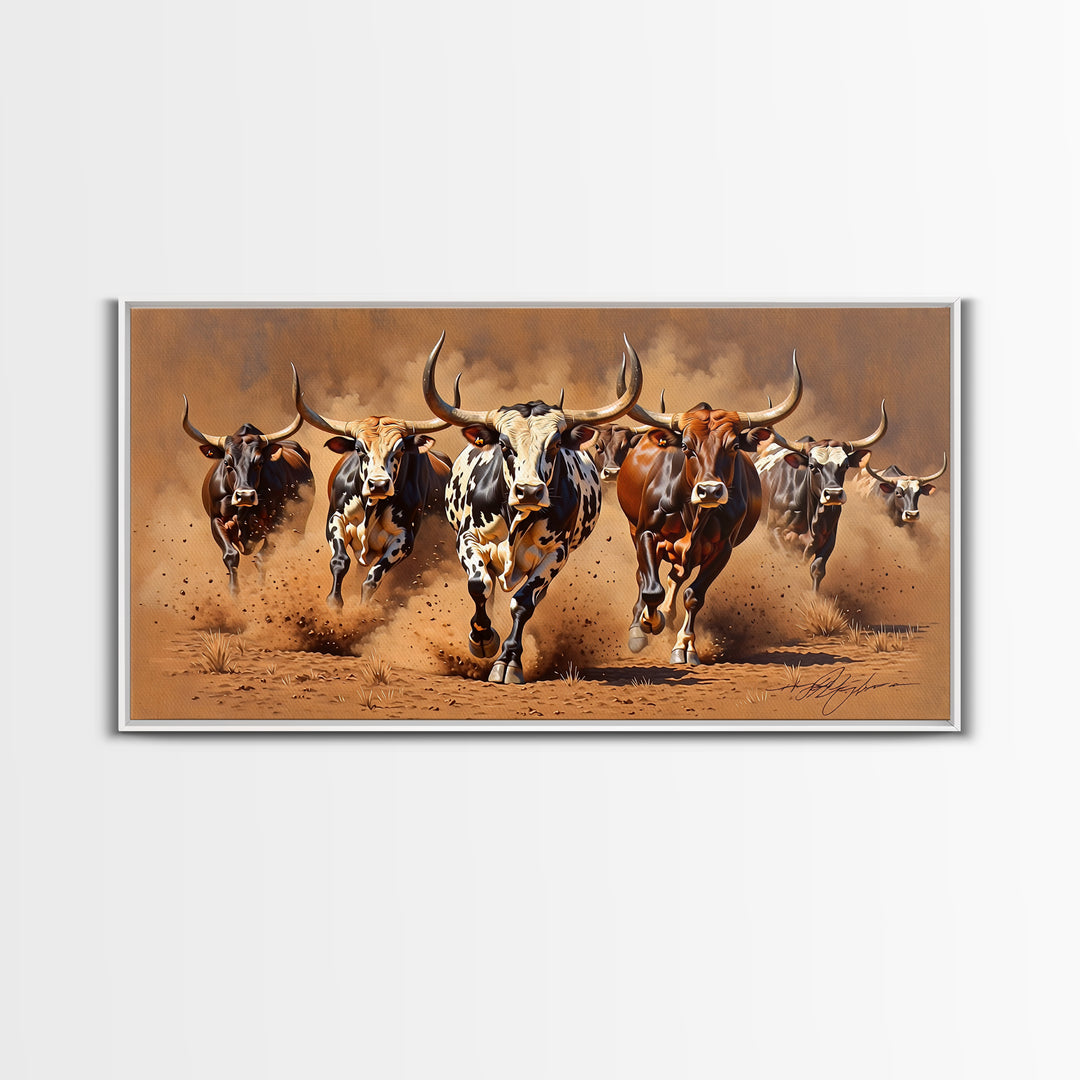 Charging Longhorn Cattle Canvas Print, African Safari Animal Art, Rustic Western Wall Art, Brown Dusty Ranch Home Decor Gift