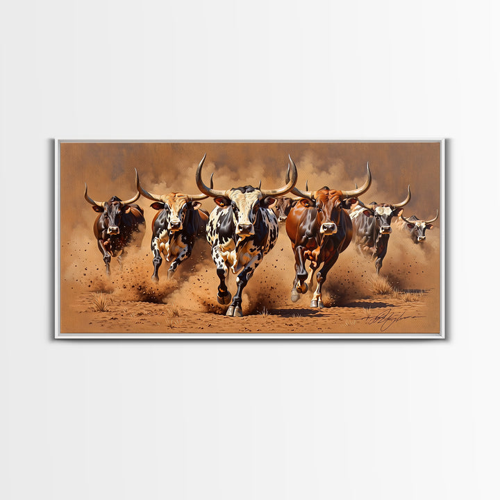 Charging Longhorn Cattle Canvas Print, African Safari Animal Art, Rustic Western Wall Art, Brown Dusty Ranch Home Decor Gift
