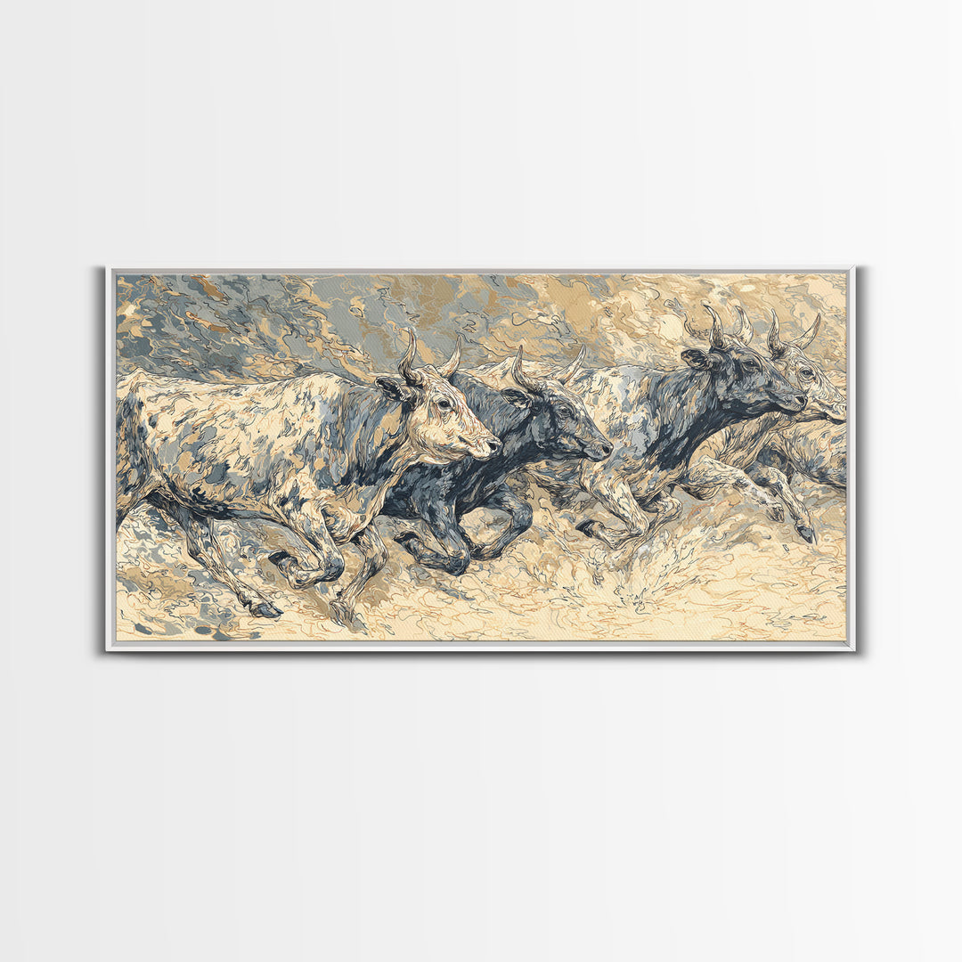 White Cattle Herd In Dusty Motion Framed Canvas Print, African Animal Art, Safari Wall Art, Beige Blue Rustic Home Decor