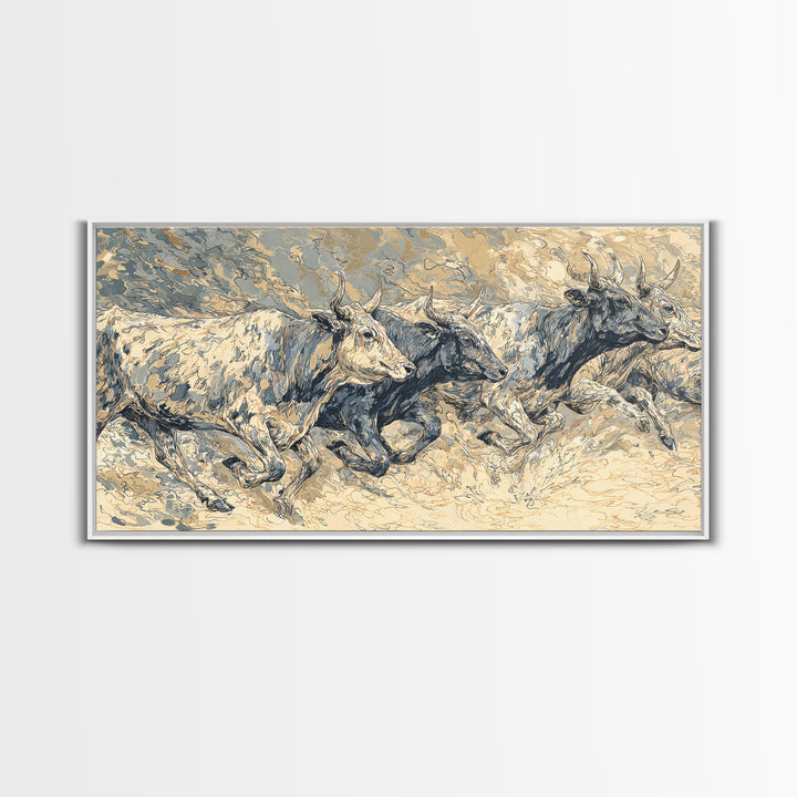 White Cattle Herd In Dusty Motion Framed Canvas Print, African Animal Art, Safari Wall Art, Beige Blue Rustic Home Decor