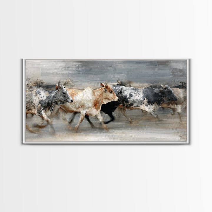 Blurred Running Cattle Herd Canvas Print, African Safari Wall Art, Modern Animal Painting, Neutral Rustic Living Room Decor
