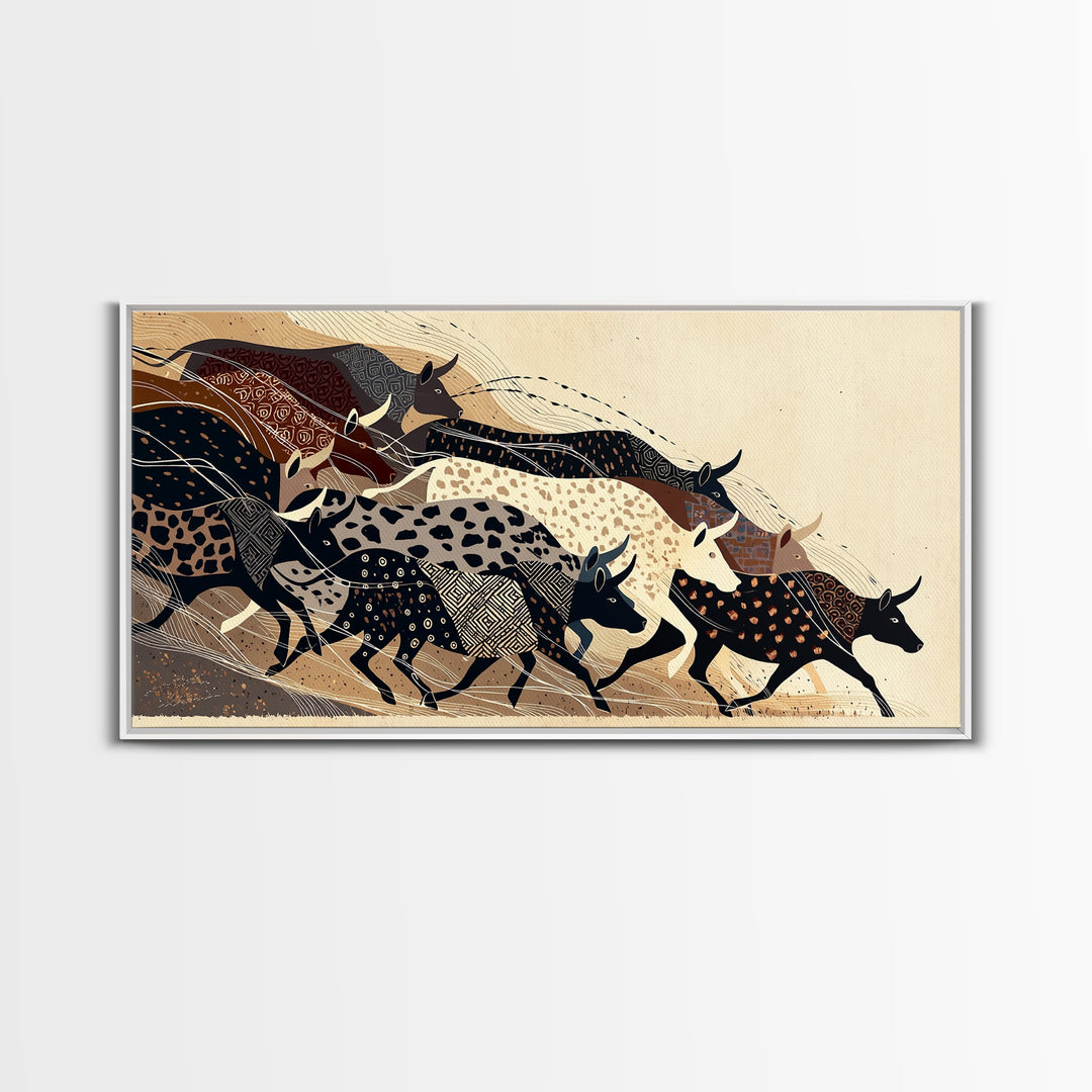 Patterned Cattle Herd Wall Art, Boho African Animal Art, Tribal Textile Canvas Print, Earth Tone Safari Unique Home Decor Gift
